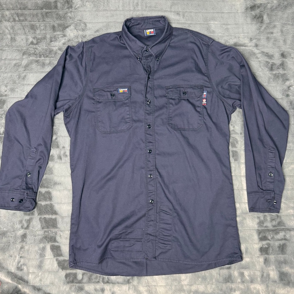 LAPCO FR Work Shirt Mens Large Navy Blue Flame Resistant HRC 2 NFPA 2112 Long
